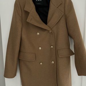 Zara Brown Double Breasted Elegant High
Collar Wool Blend Winter Fall Coat Sz M